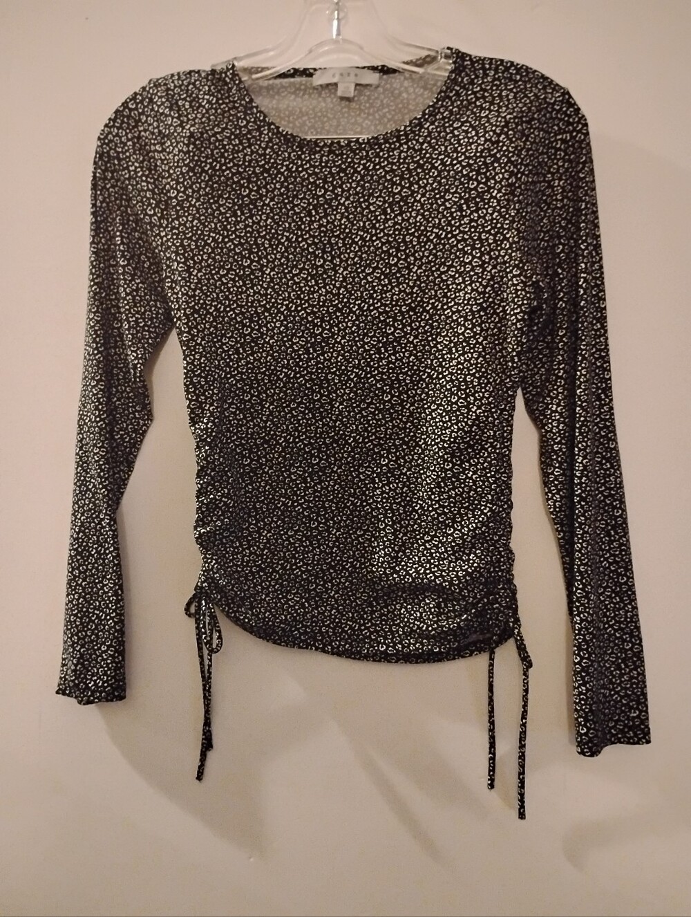 GAZE Long Sleeve Cinch Hem Juniors' Top - Black With White Specs Prints Girls XS